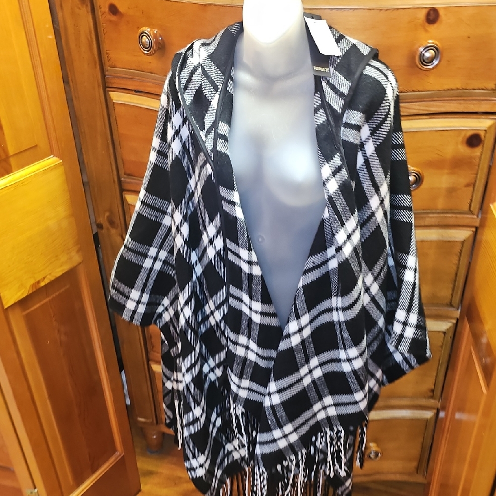 Black and White Plaid Poncho Wrap with Fringe and Hood